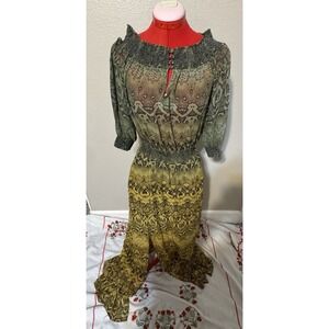 Gypsy 05 Green Snake Print Maxi Dress Smocked Waist Boho Peasant Long Sleeve
